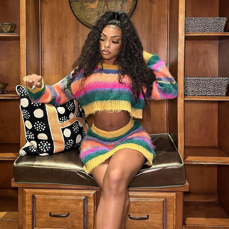 Autumn Women's Sexy Knitting Long-Sleeved Contrast Color Top High Waist Bodycon Skirt Suit For Women 4