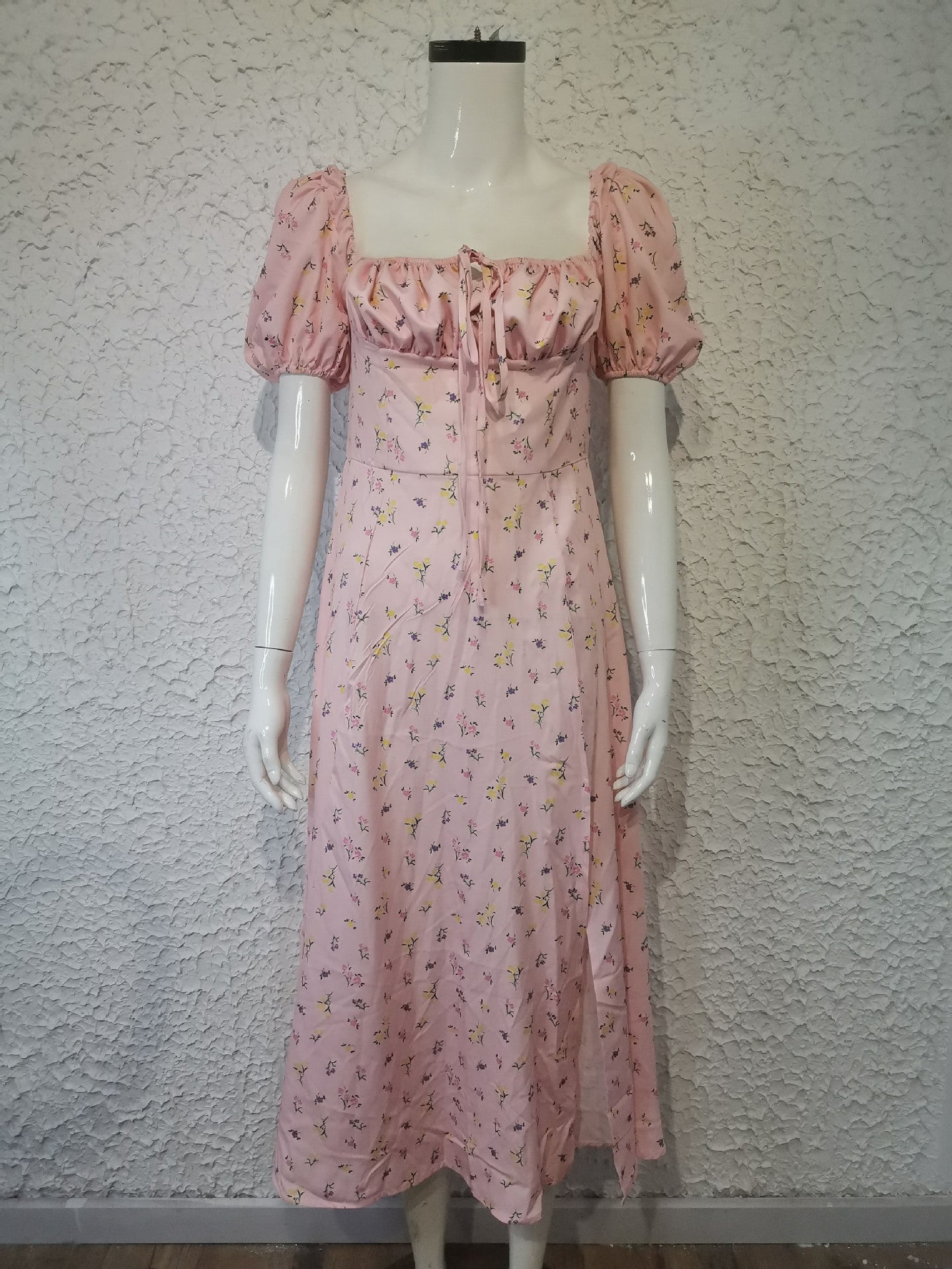 Women's summer fashion puff sleeve floral tie high slit long summer dress 26