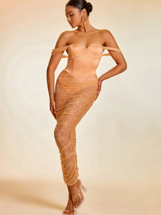 Women Elegant Sexy Strapless Bodycon Off-Shoulder Maxi Dress 6