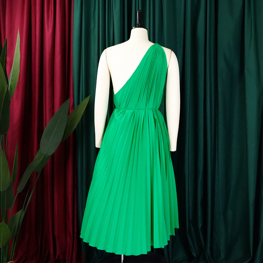 Women Summer Solid Slash Shoulder Lace-Up Loose Pleated Dress 26