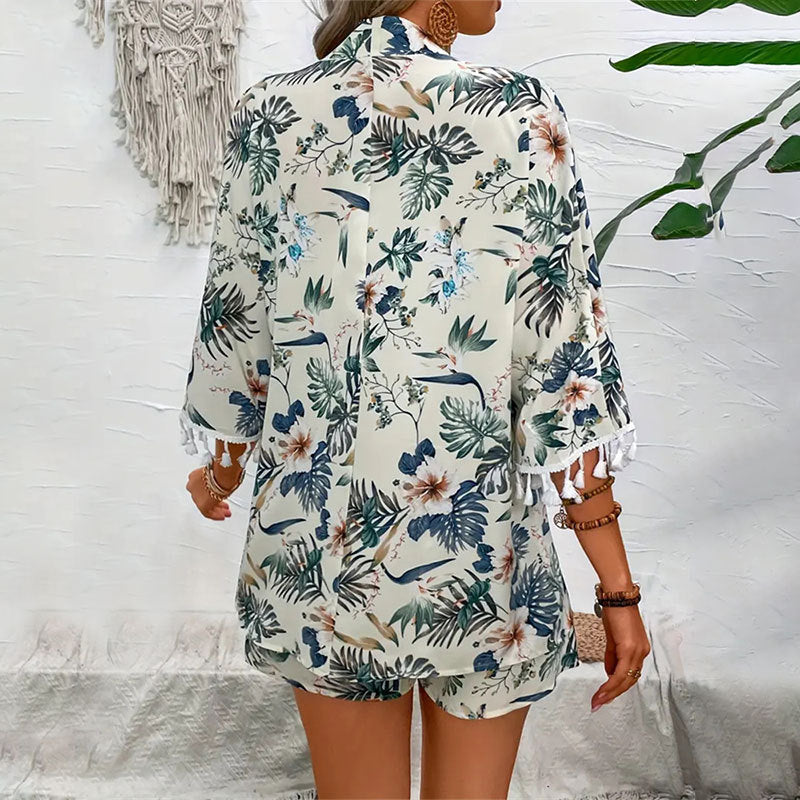 Women Beach Print Tassel Short Sleeve Shirt and Shorts Two Piece Set 3