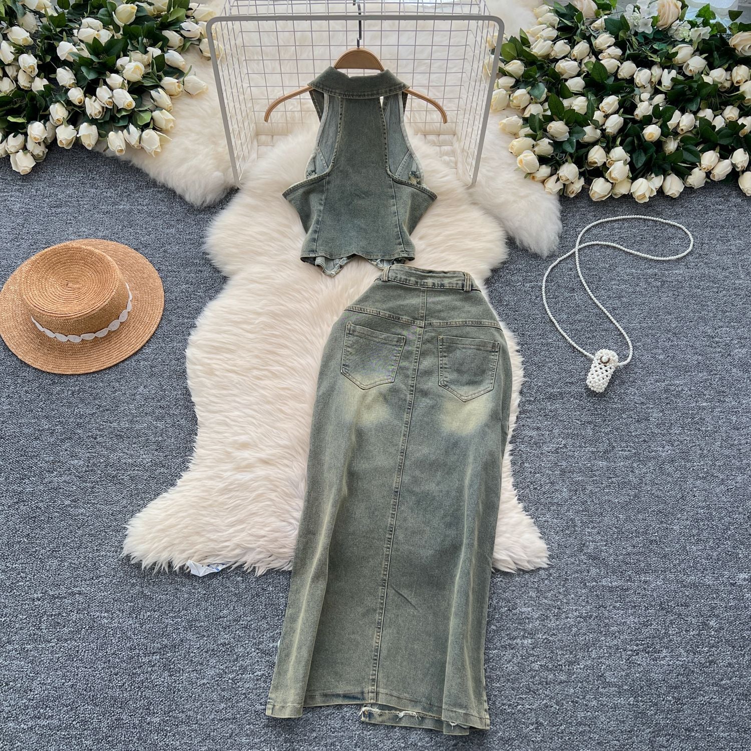 Turn Down Collar Distressed Denim Halter Top Slit Skirt Set 5