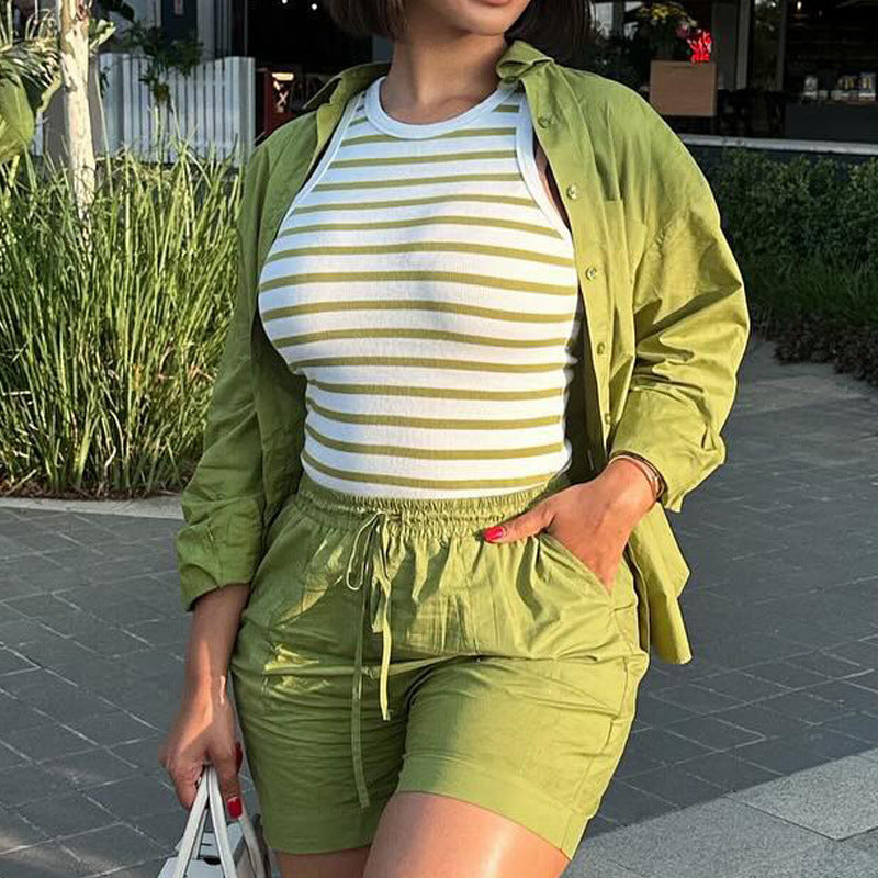 African Print Long-Sleeve Shirt Shorts Two-Piece Set 5