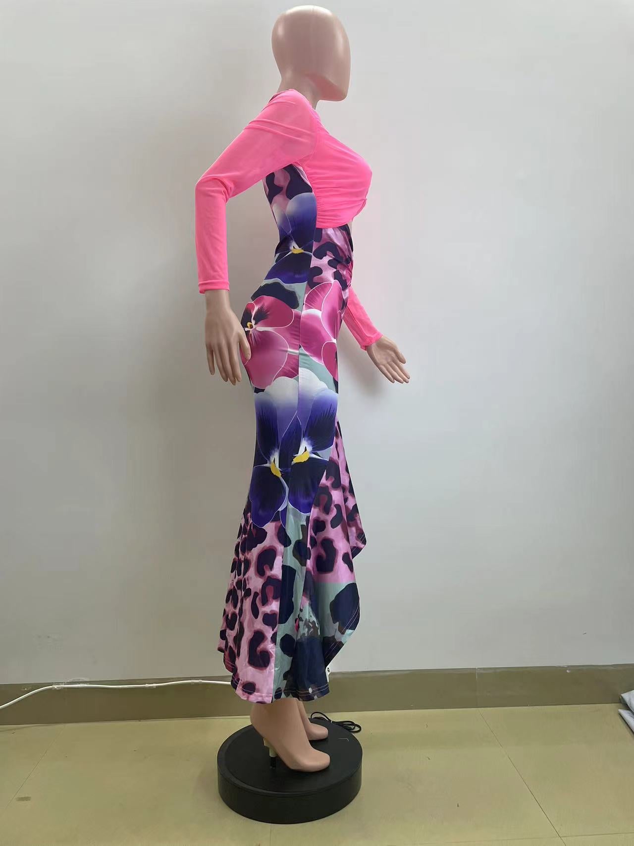 Summer Women mesh fishtail ruffle print dress 5