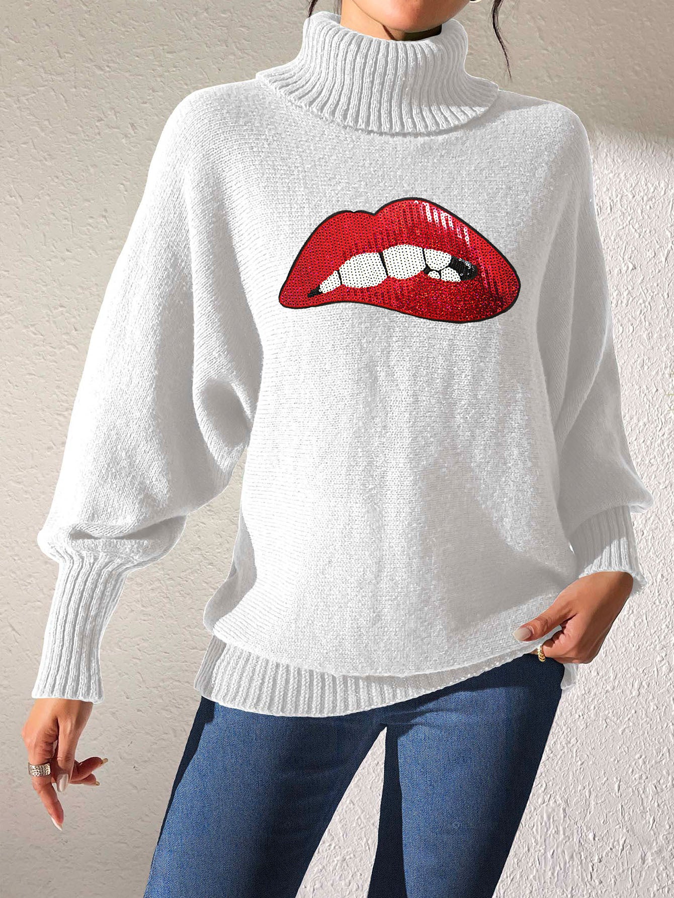 Autumn Winter Women's Sequin Lips Embroidery Turtleneck Pullover Sweater