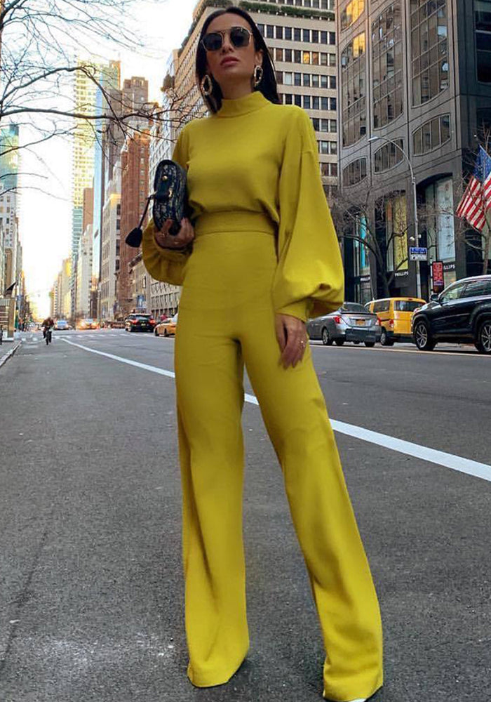 Spring And Winter Long Sleeve Stand Collar Fashion Casual Wide Leg Jumpsuit