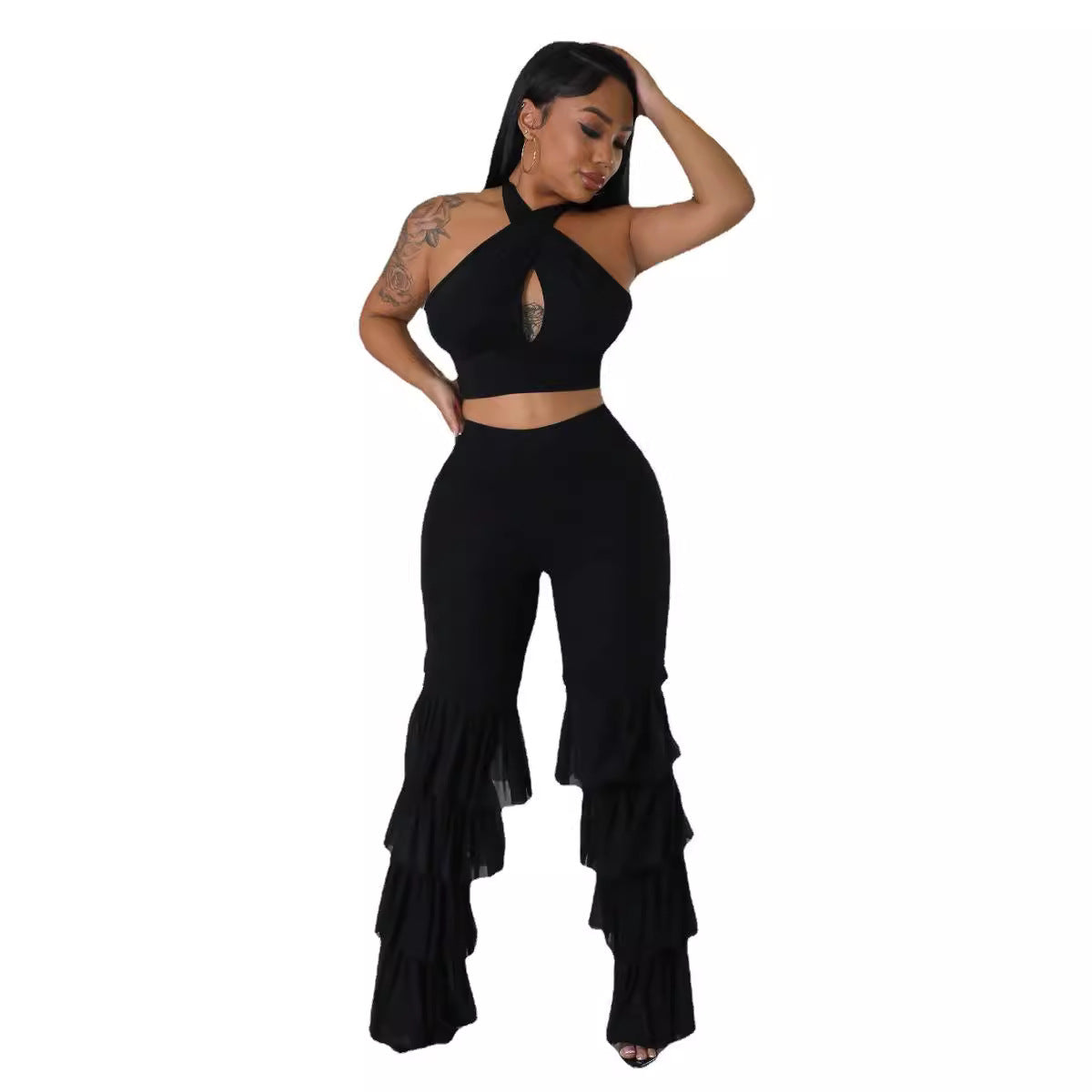 Women's Cross Halter Neck Solid Color Top Sexy Slim Mesh Tassel Pants Two Piece Set