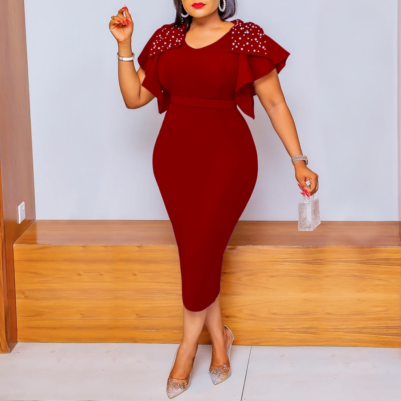 Women Summer Fashion Beaded Ruffle Gown Dress 5