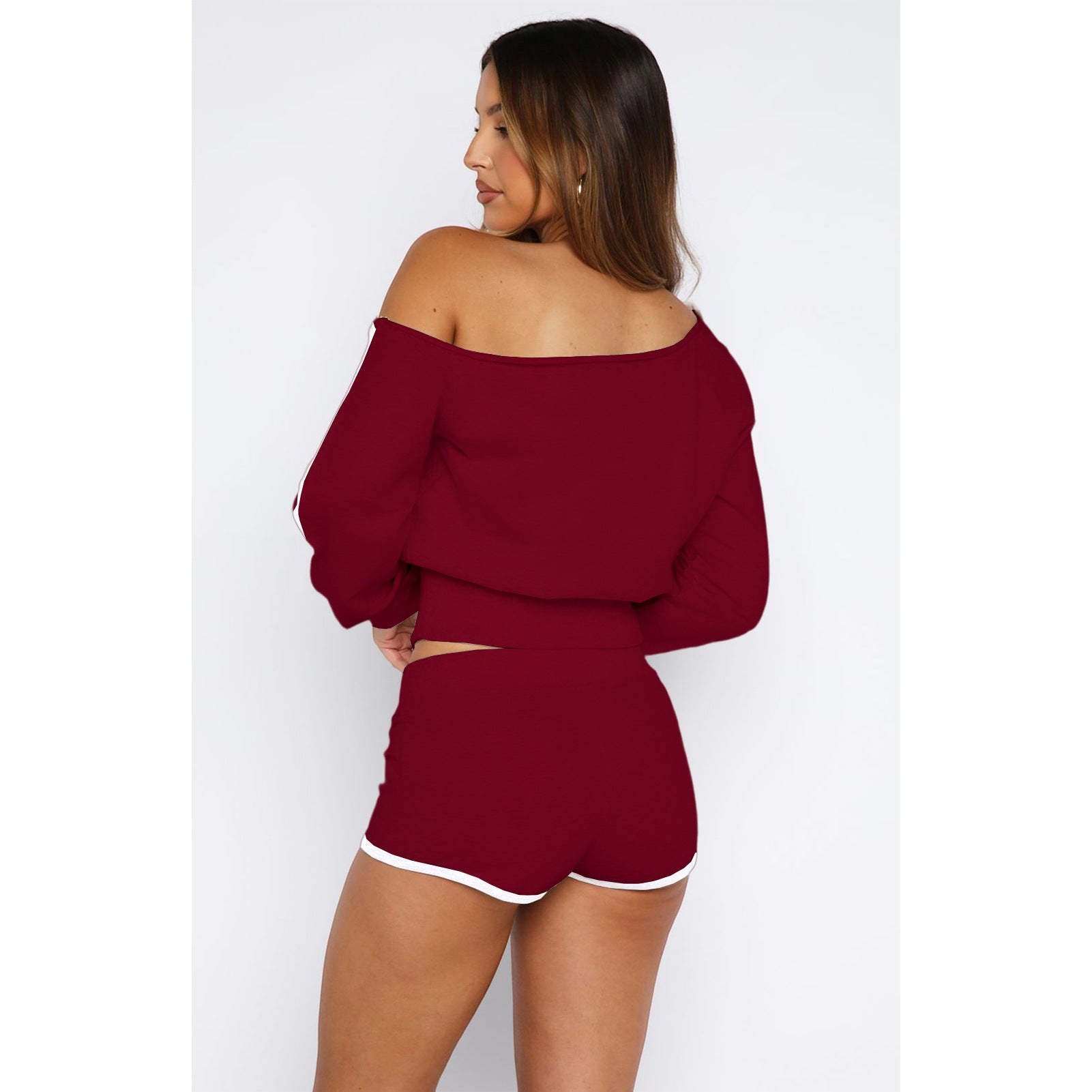Women's Casual Slash Shoulder Long Sleeve Top Drawstring Shorts Two-Piece Set 49