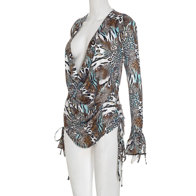 Women Fall Gradient Leopard Print Long-Sleeved Backless Top and Shorts Two-Piece Set 6