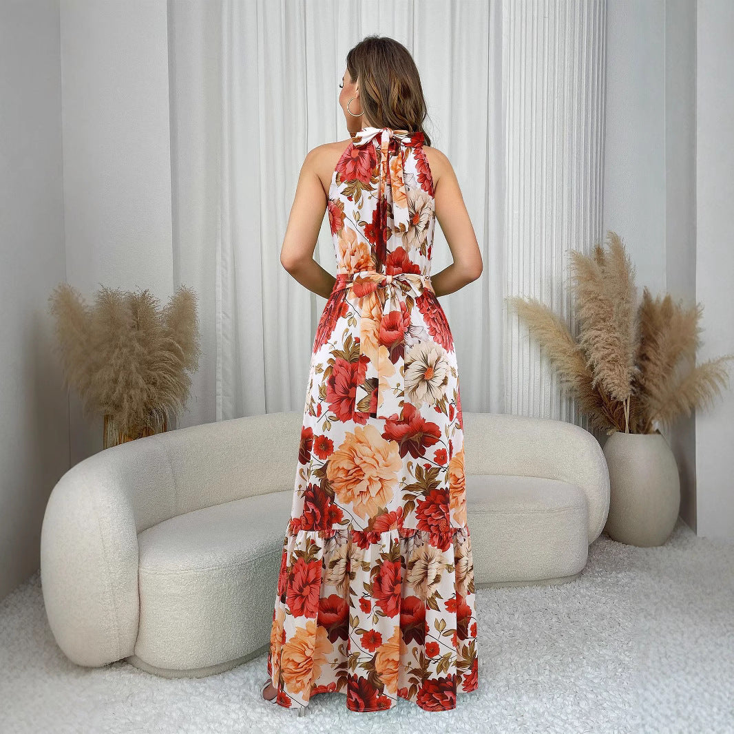 Summer Women's Flower Print Halter Neck Sleeveless Chic Long Dress 5