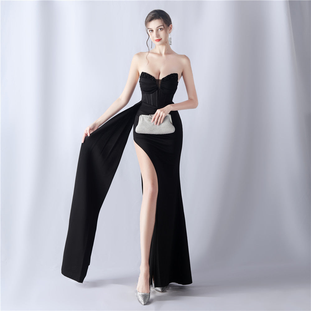 Women fishbone beaded high-end slit evening dress 12