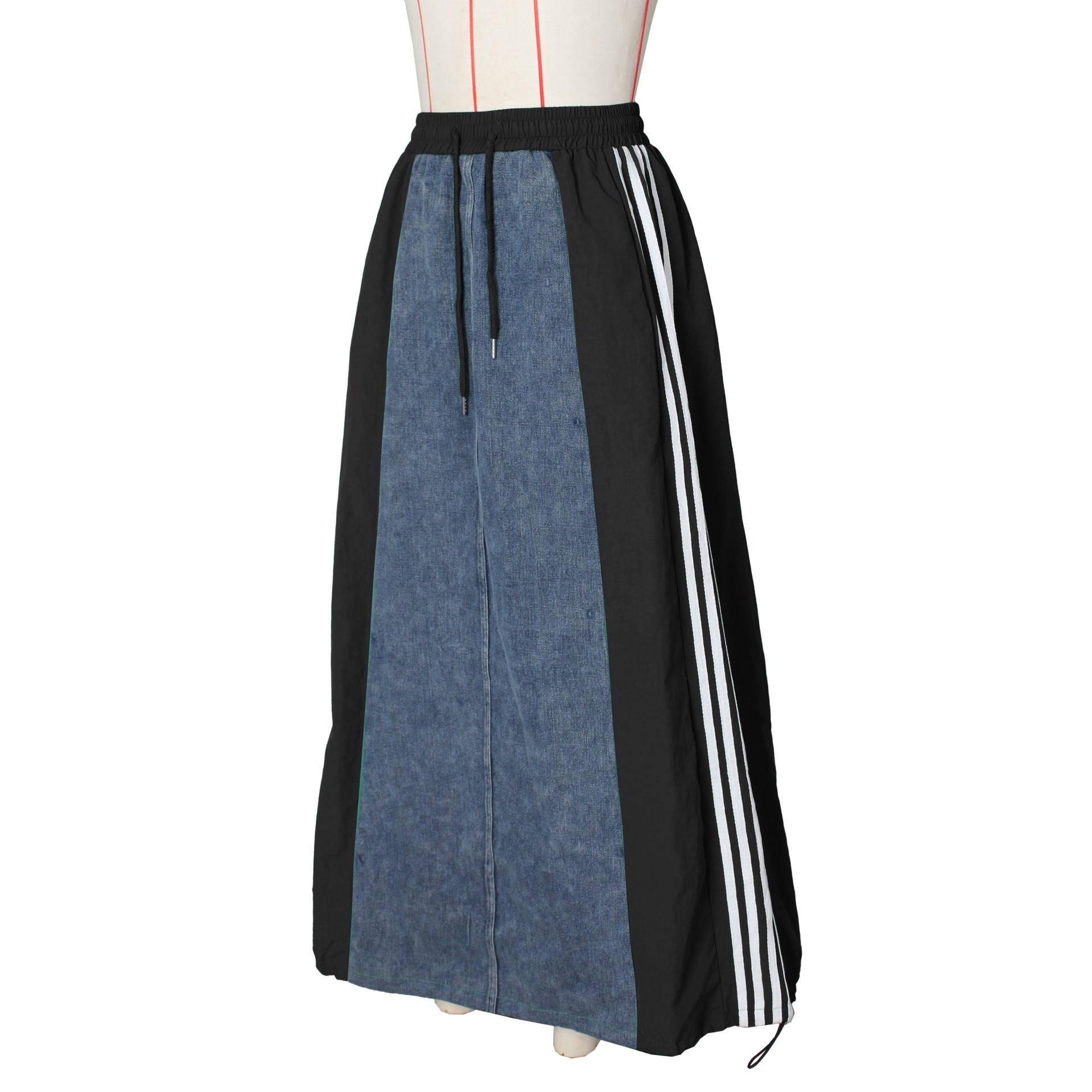 Autumn Women's Fashion Casual Striped Denim Patchwork A-Line Loose Skirt 14