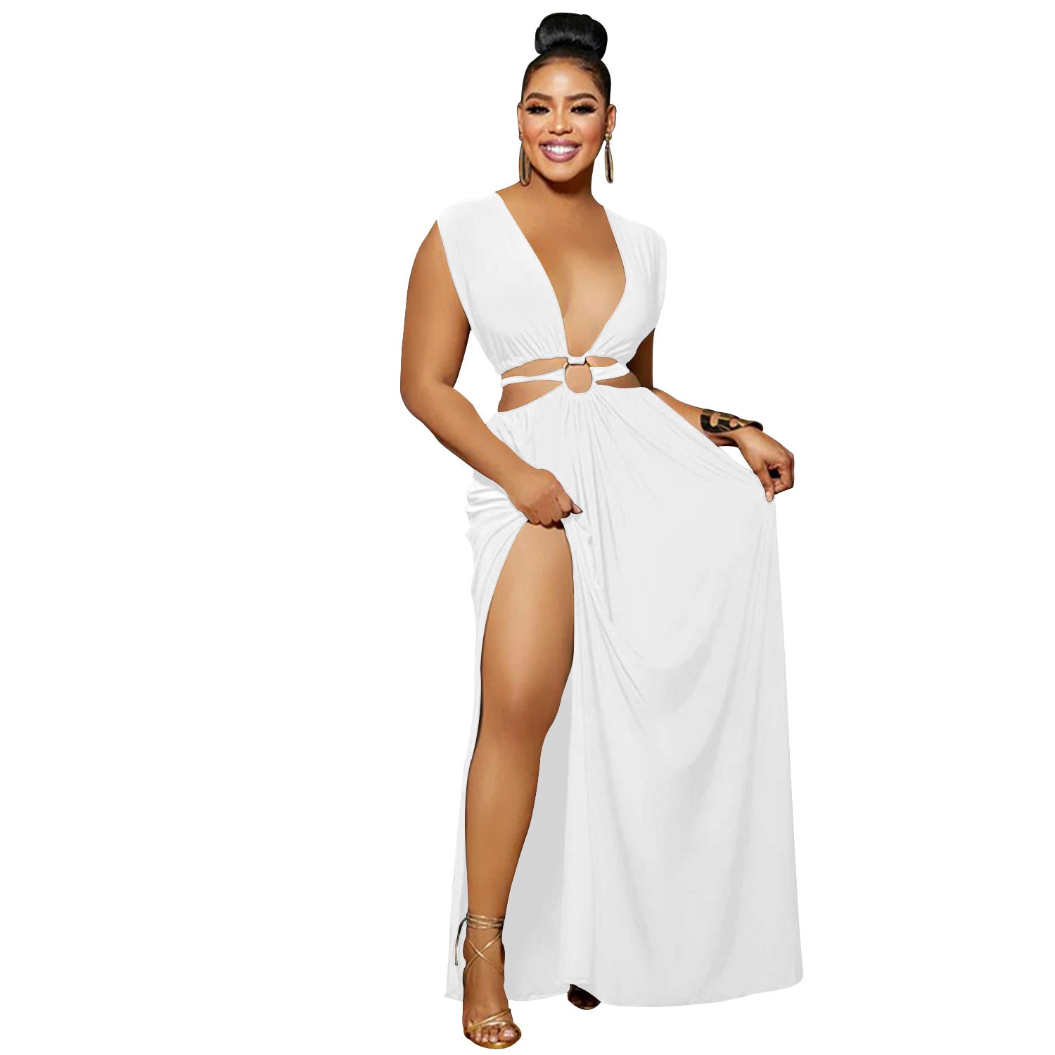 Fashion Women's Solid Low Back V-Neck Sleeveless Long Dress 18