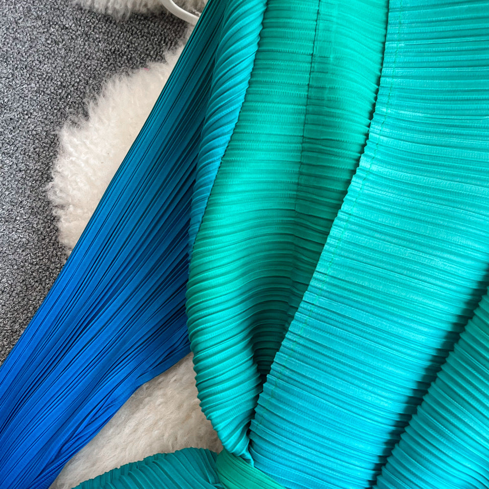 Women Pleated Long Sleeve Turndown Collar Lace-up Gradient Dress 13