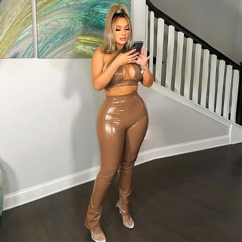 Women sexy hollow backless Pu Leather Top and Pant two-piece set 7