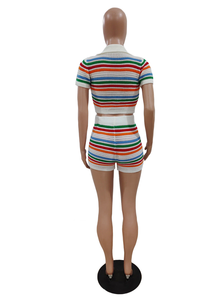 Summer Women's Sexy Knitting Contrast Color Short-Sleeved Casual Suit Two-Piece Shorts Set 14