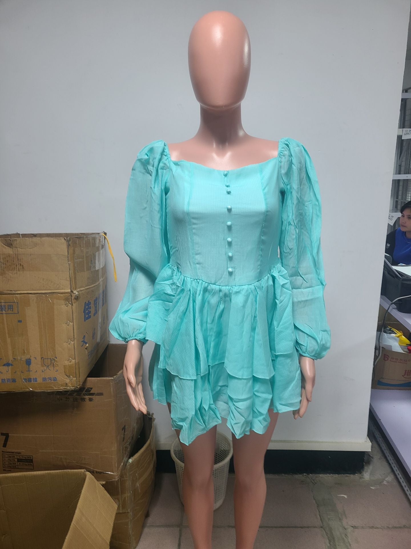 Women'sautumn fashion solid color puff sleeve Cascading Ruffles chiffon dress 3