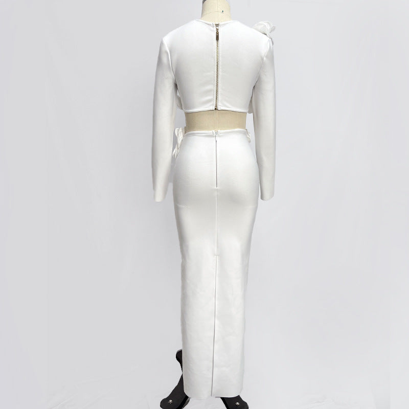 Solid Color Long Sleeve Flower Bandage Top Long Skirt Two-Piece Set 11