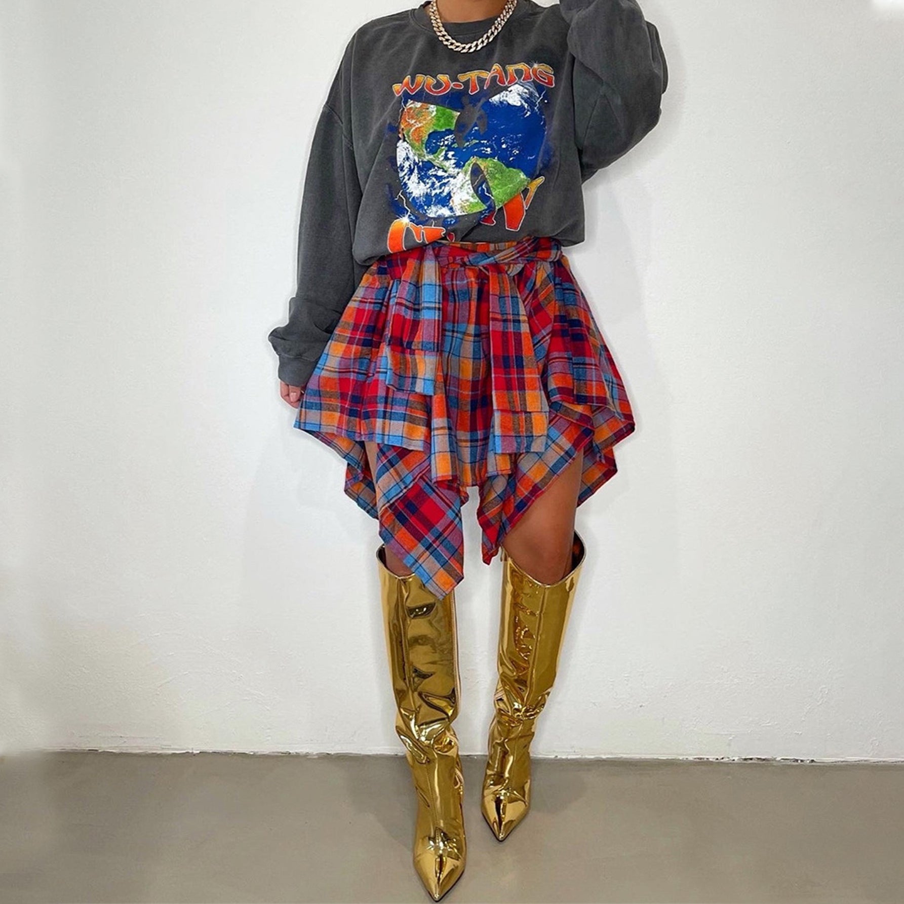 Fashionable Asymmetrical High-Waist Patchwork Plaid Skirt