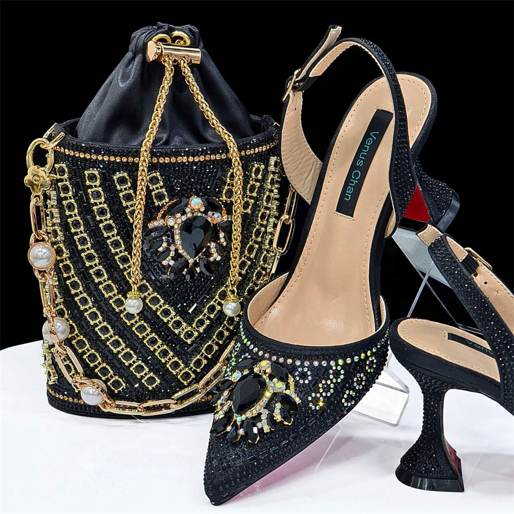 African Shoe And Bag Set Combination Pointed-Toe Ladies' Plus Size High-Heeled Wedding Shoes With Bucket Bags 20