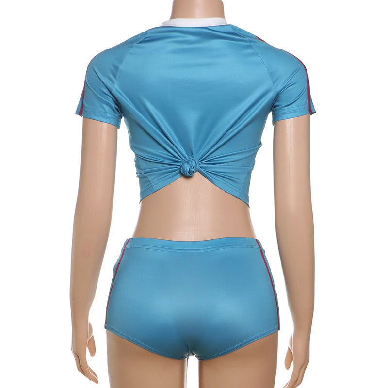 Spring Women's Slim Fit Sexy Crop Top Sports Shorts Two Piece Set 9
