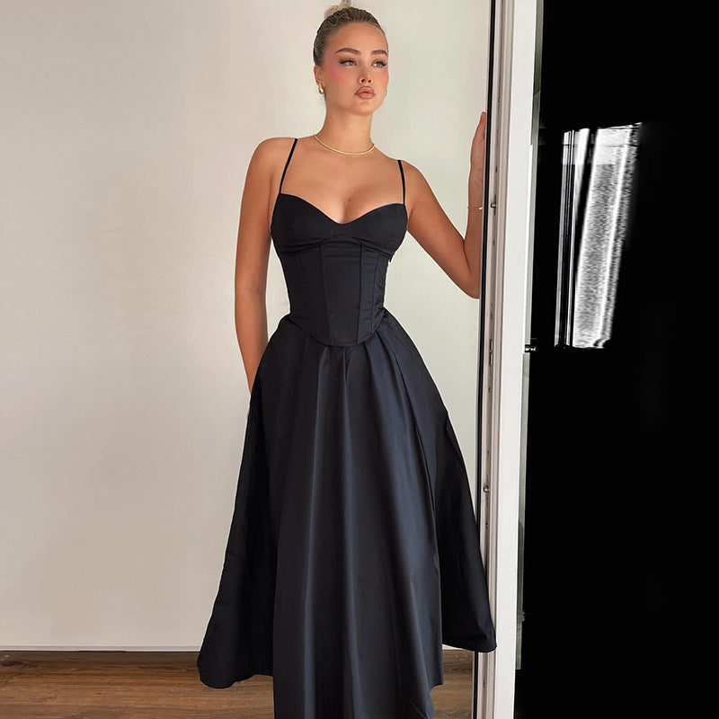 Chic Solid Color Black Strap Slim A-Line Long Dress