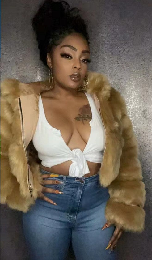 Fur Coat Cropped Hooded Faux Fur Coat Long Sleeve Patchwork Women's Coat 60