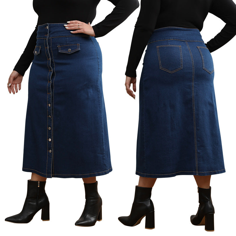 Plus Size Women Denim Button Fake Pocket Skirt