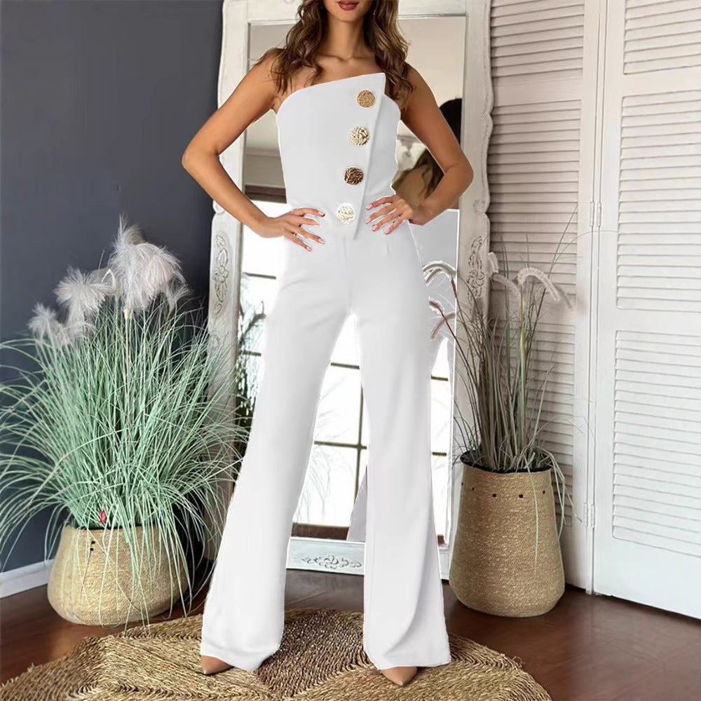 Summer Sexy Solid Color Strapless Button Flared Jumpsuit For Women