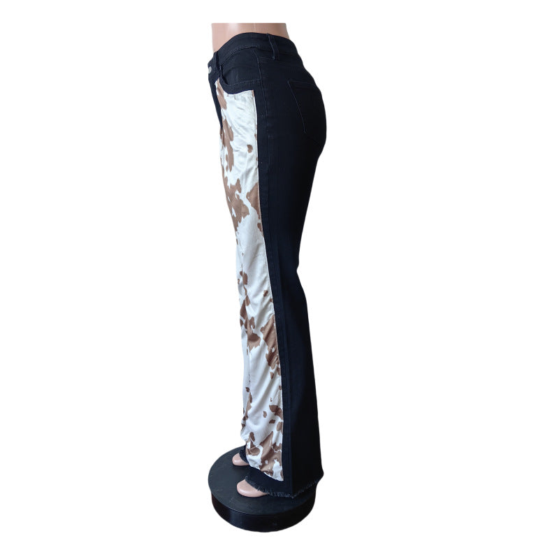 Printed Denim Trousers Fashionable Patchwork Bell Bottom Pants 7