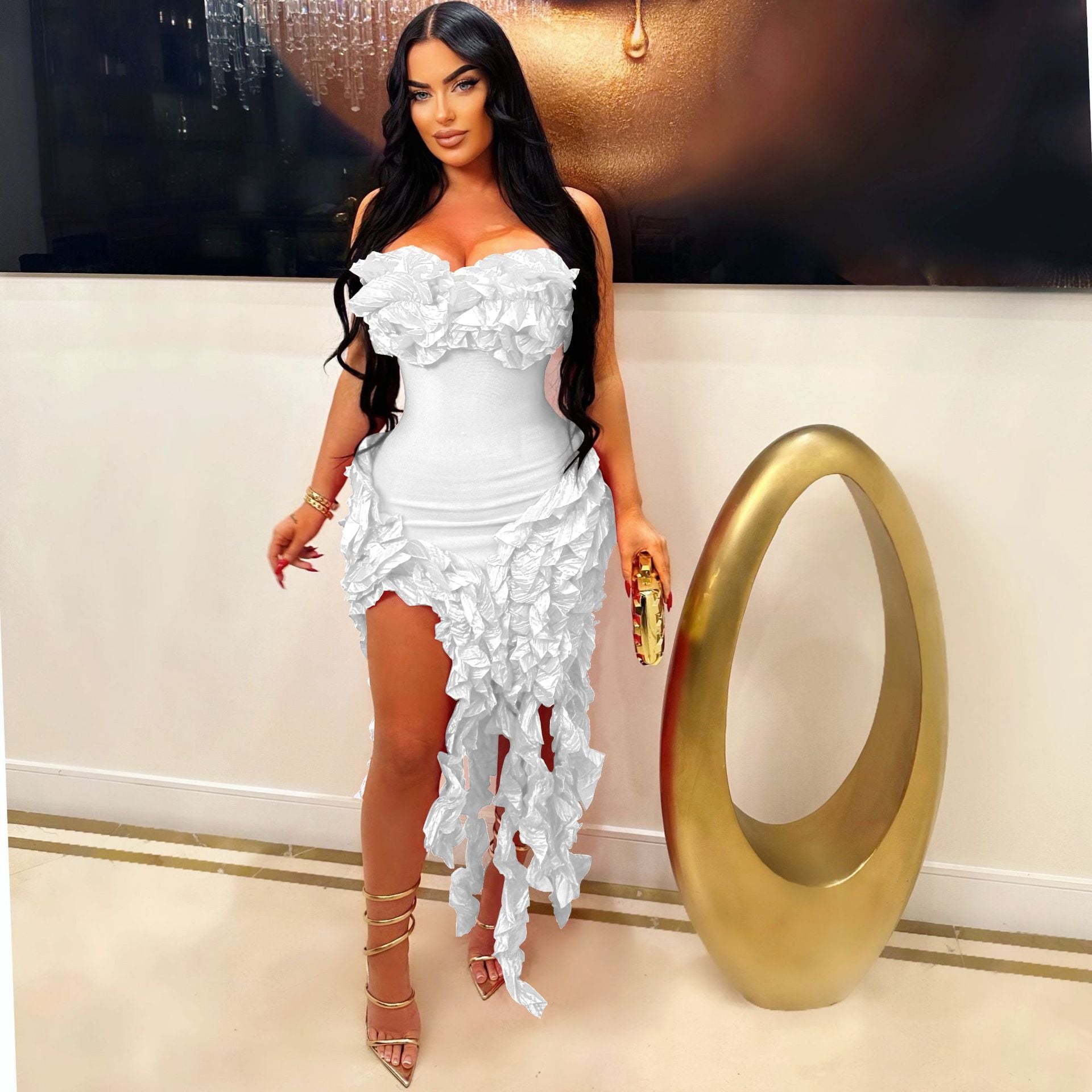 Women's Summer Sexy Strapless Ruffle Tassel Dress 8