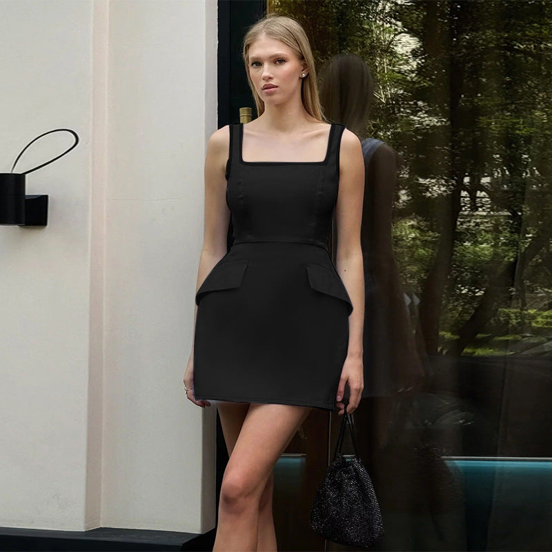Autumn Chic Elegant Slim Square Neck Strap Bodycon Short Dress 6