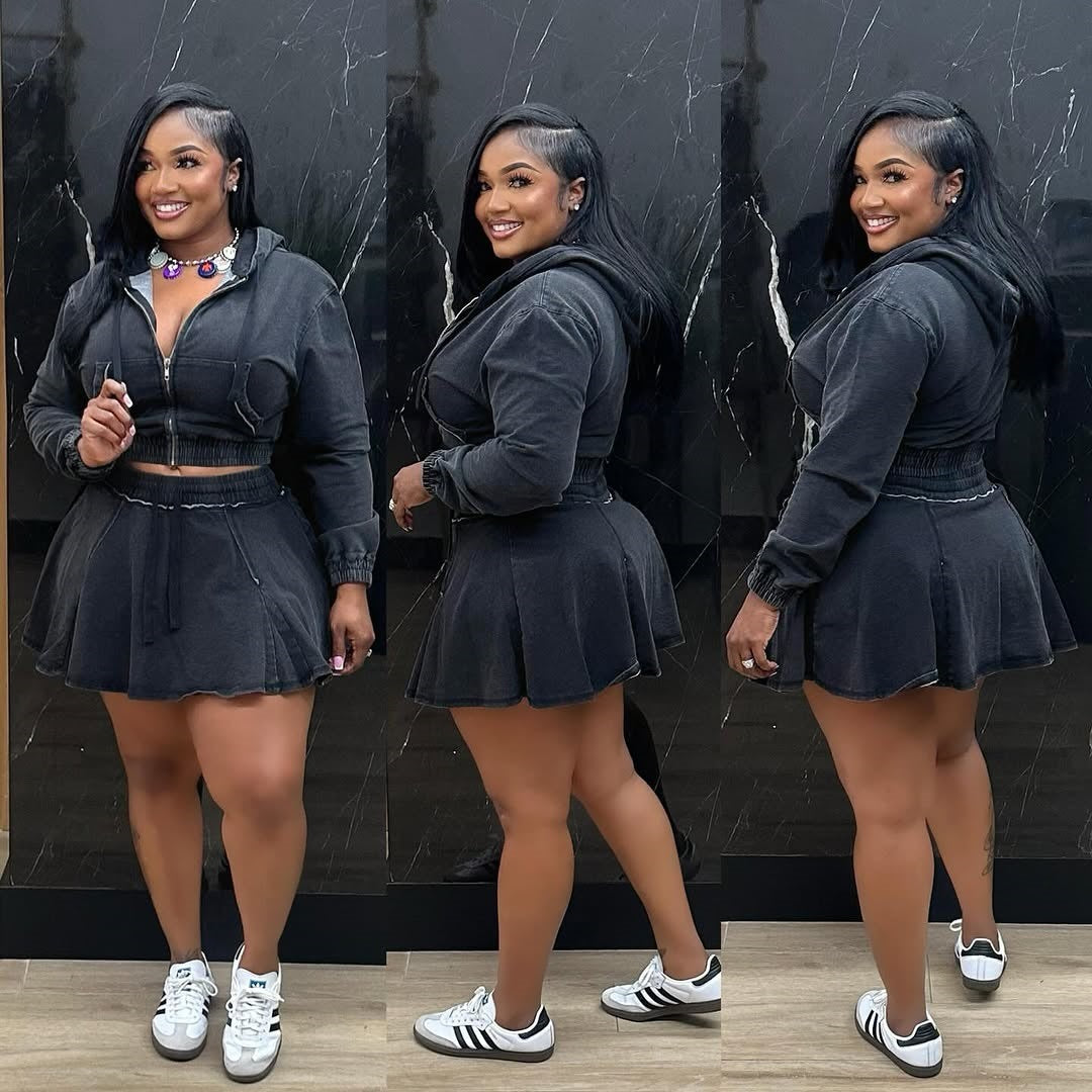 Women Casual Washed Long Sleeve Top and Denim Skirt Two-piece Set 3