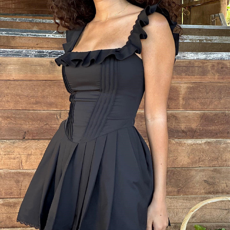 Women Summer French Square Neck Ruffle Edge Herringbone Corset Dress 5