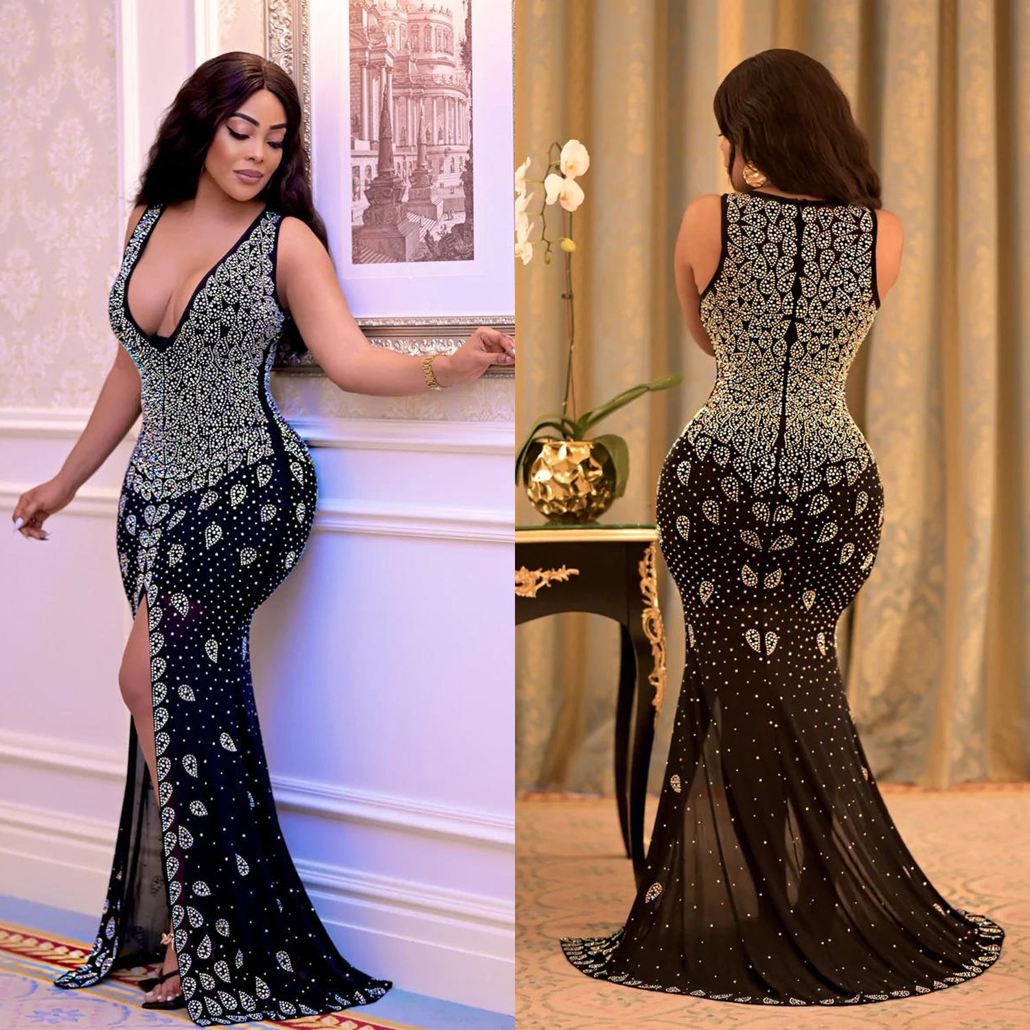 Women's Sexy V-Neck Tight Fitting Mesh Nightclub Party Beaded Dress 5