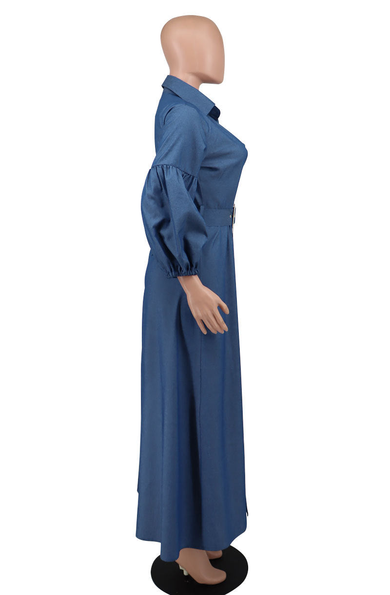 Women Fall Blue Long Sleeved Denim Shirt Dress 6