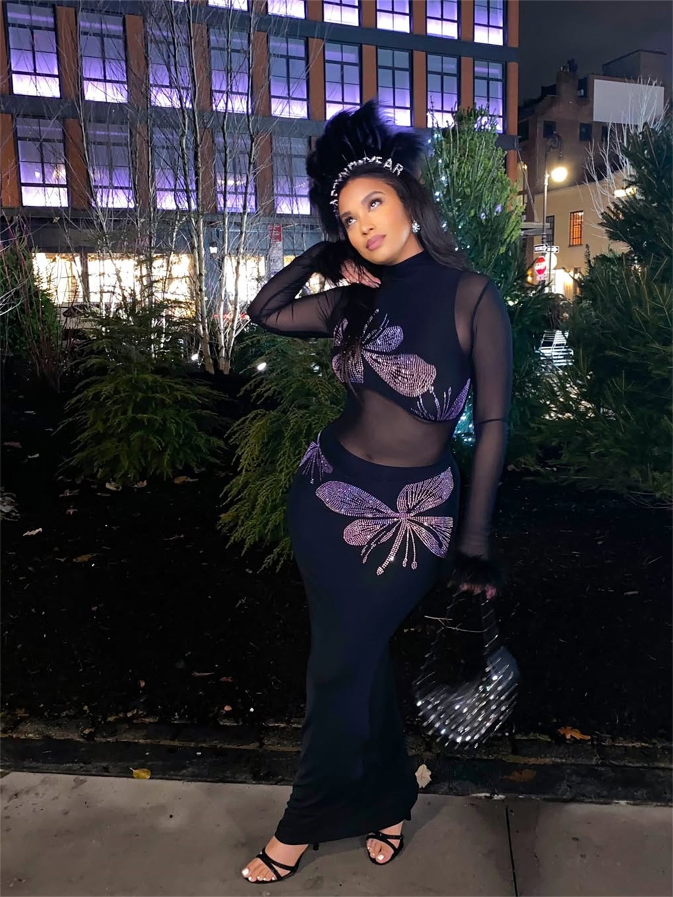 Fashion Print Mesh See-Through Fur Patchwork Slim Sexy Long Dress 4