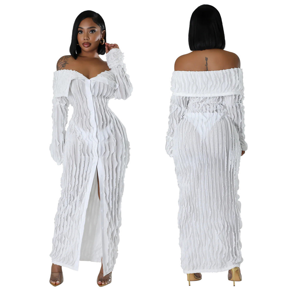 Spring Summer Women Fashion Sexy See-Through Off Shoulder Shirt Button Long Dress 3