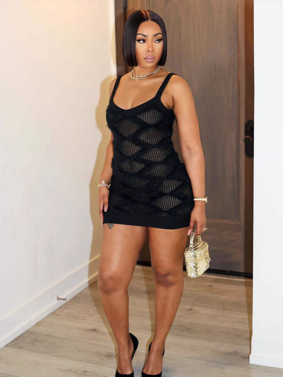 Women's Fashion Sexy Hollow Out Diamond Pattern Knitting Strap Dress 5