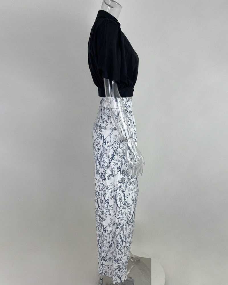 Women Clothes V-Neck Cropped Shirt Top Print Career Wide Leg Pants Two Piece Set 14