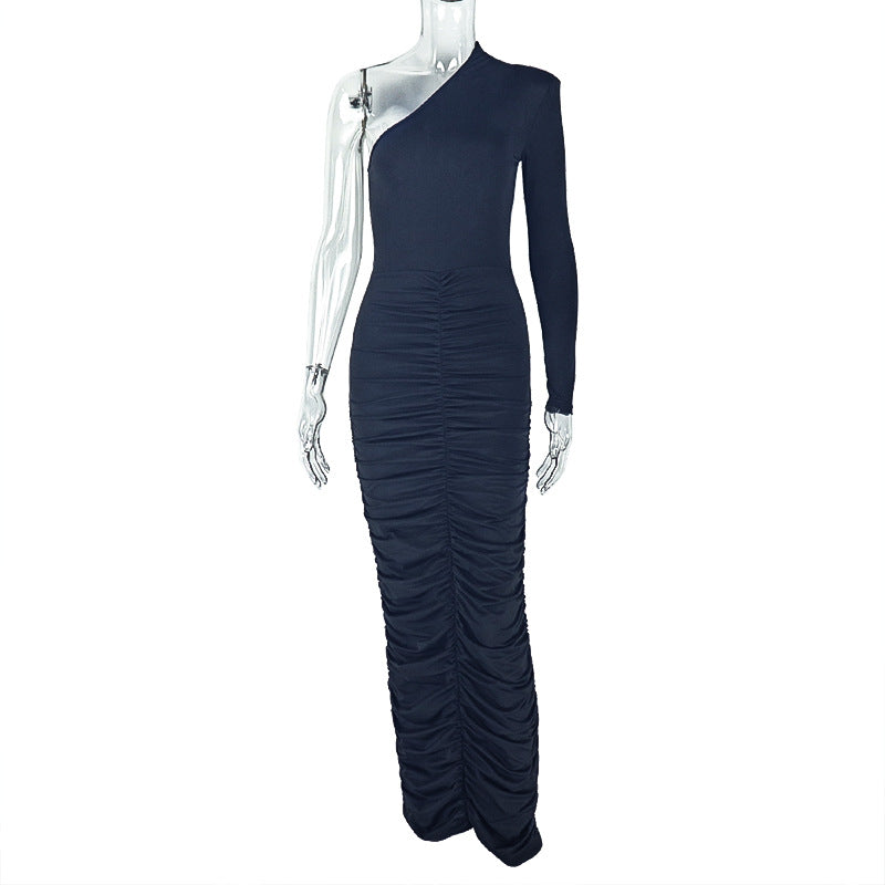 Women Solid Bodycon Slash Shoulder Pleated Single Long Sleeve Formal Party Dress 5