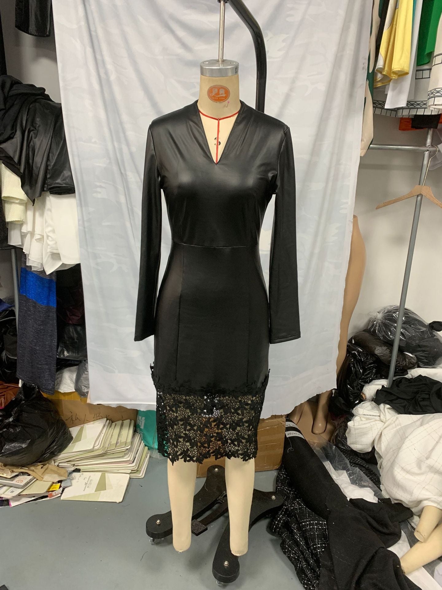 Women V-neck sexy PU-leather dress 7