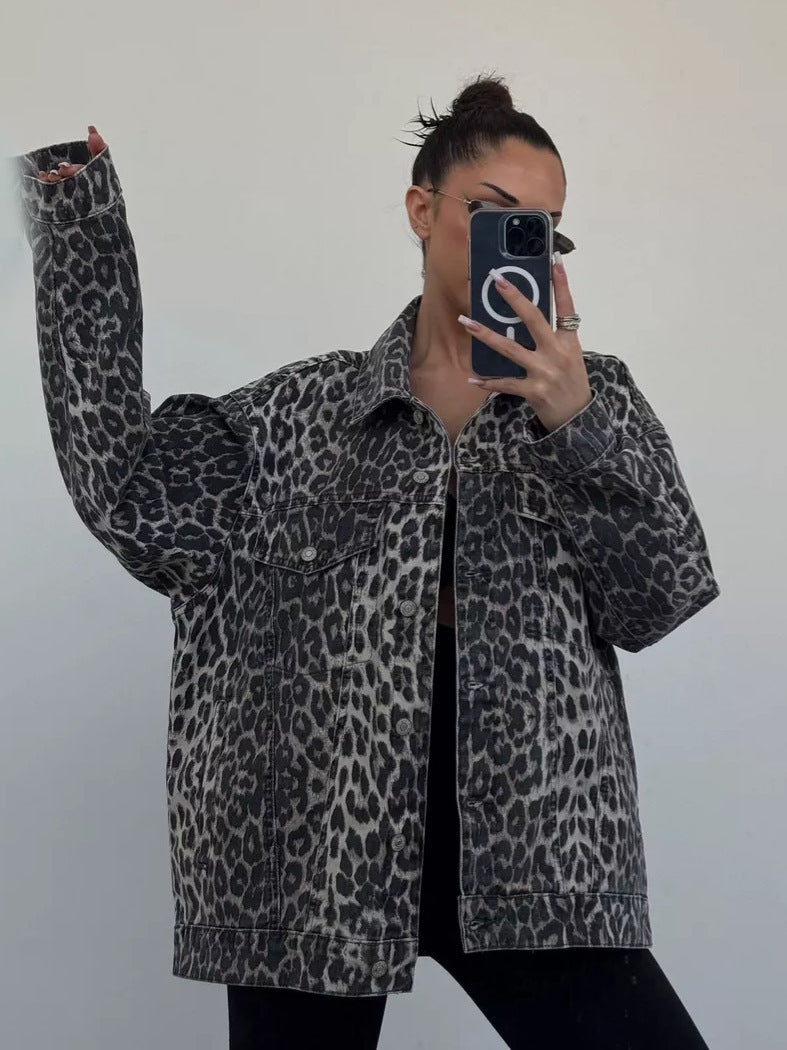 Women Vintage Leopard Print Denim Jacket 5