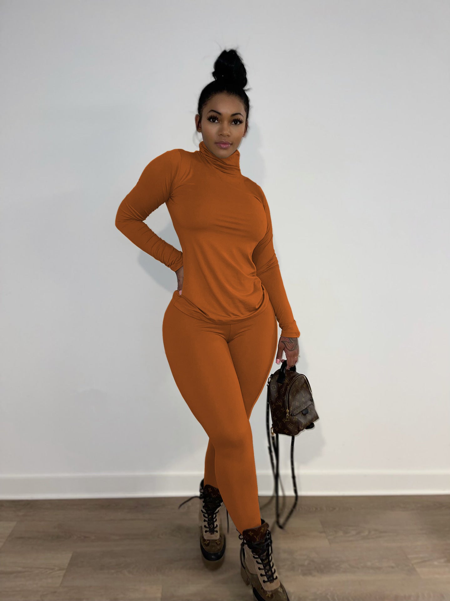 Women Spring Solid Casual High Neck Long Sleeve Top and Pants Two Piece Set 3