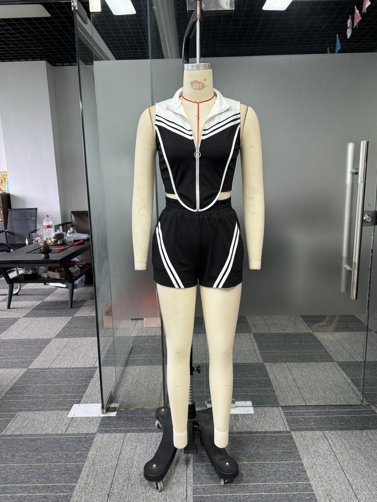 Women Career Casual Striped Patchwork Contrast Color Sleeveless Top and Shorts Sports Two-piece Set 10