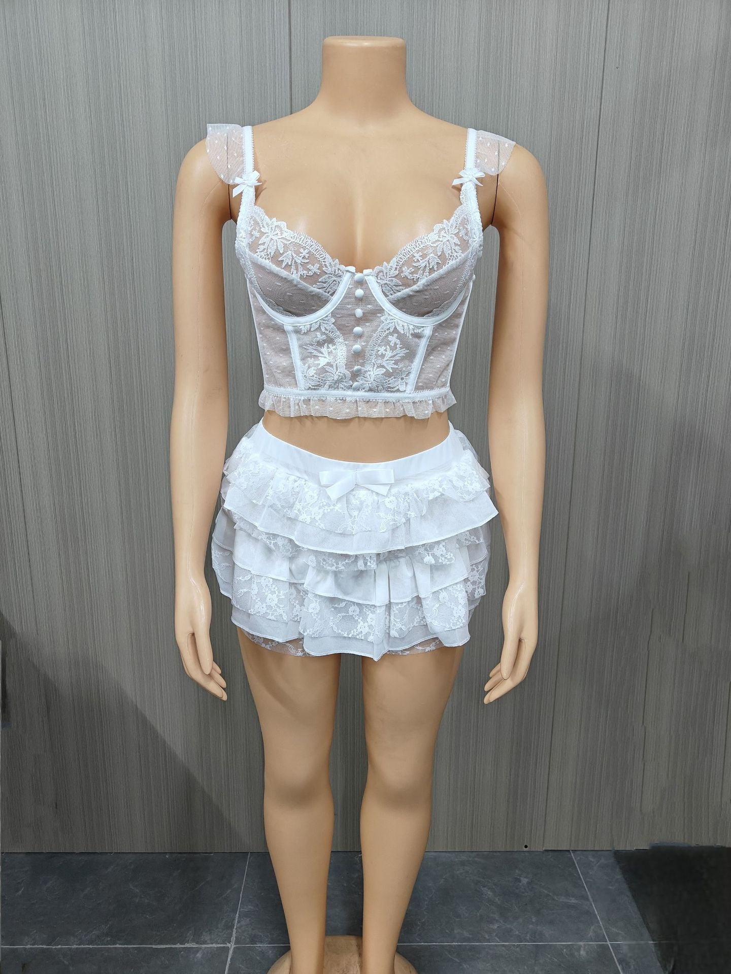 Plus Size Women Summer Sexy Lace Hollow Top and Skir Two-Piece Set 9