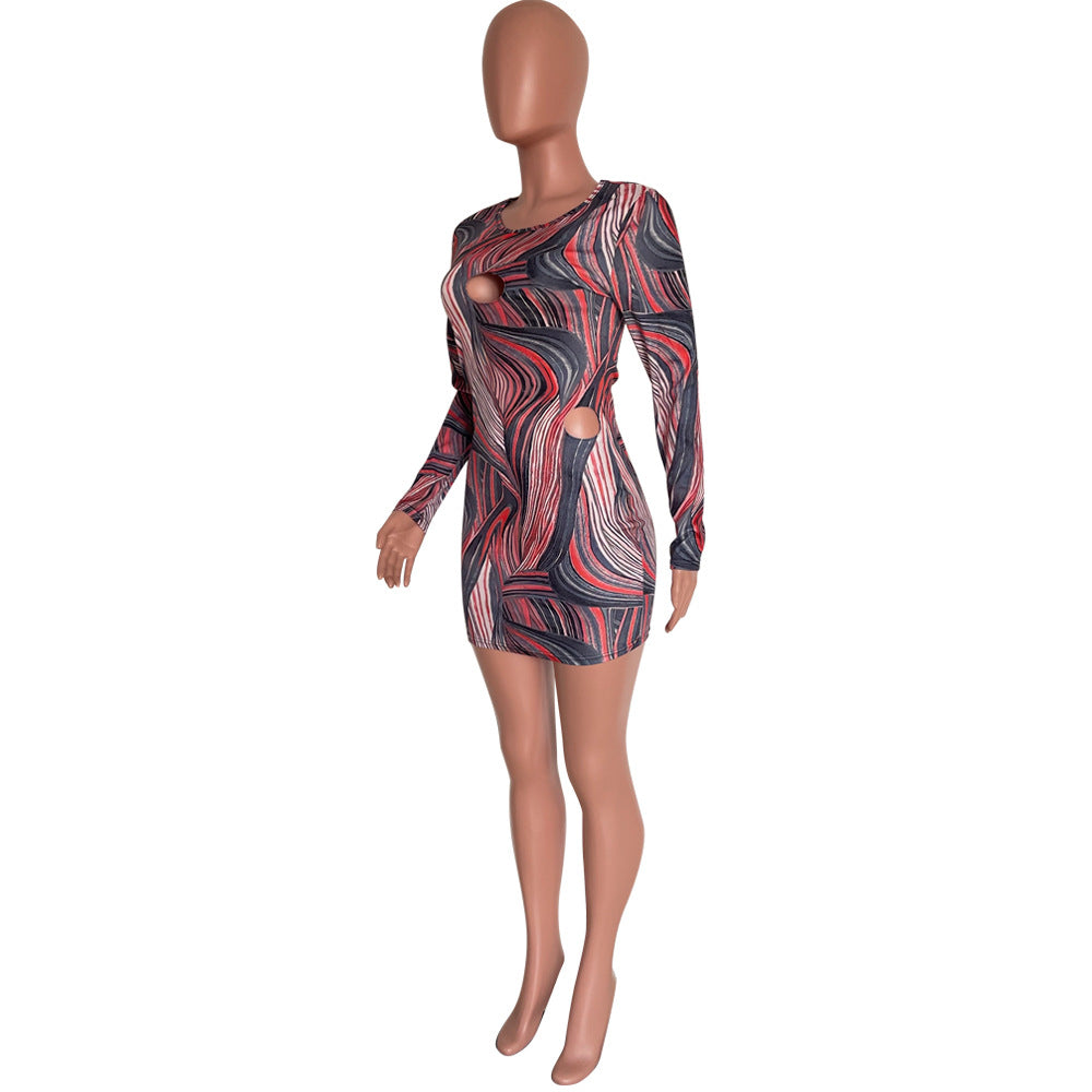 Women's Fashion Hollow Printed Long Sleeve Bodycon Dress 7