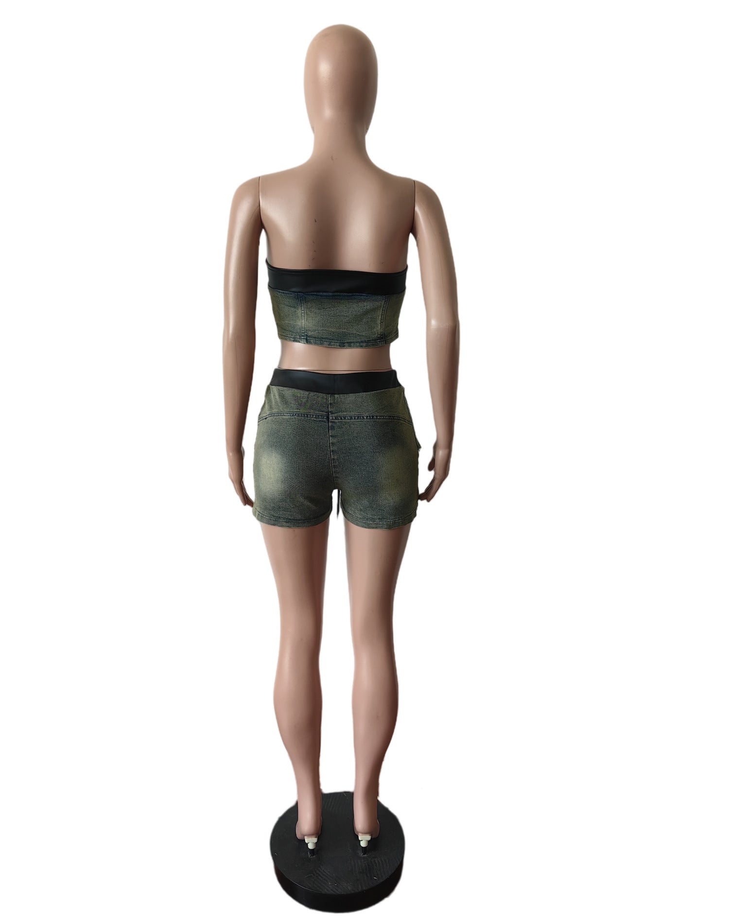 Women Stretch Denim Strapless Lace-Up Top and Shorts Two-piece Set 10