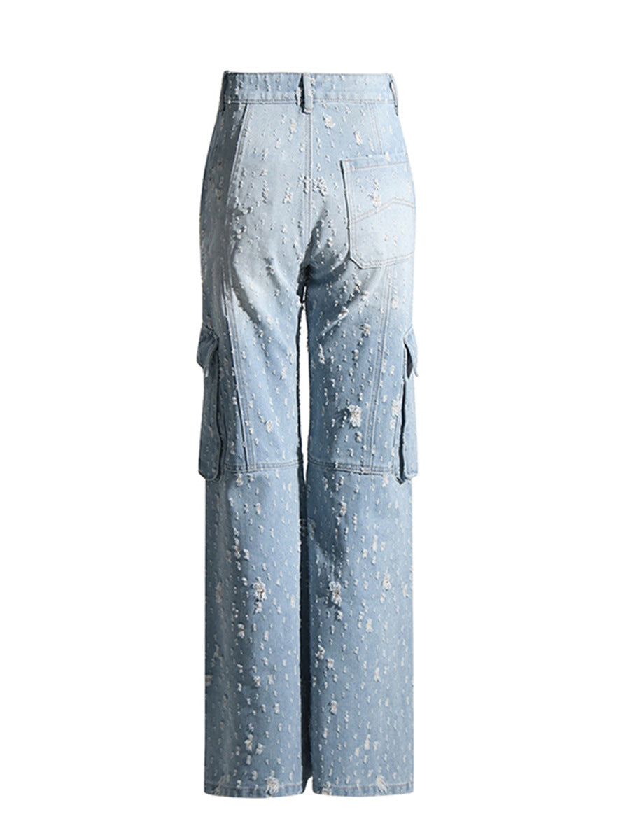 Spring Trend Ripped Pocket Blue Cargo Pants High Waist Long Denim Trousers 5